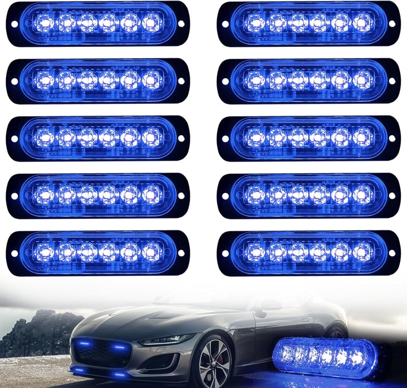 XTAUTO 10pcs LED Emergency Strobe Light, Blue 6-LED Ultra Slim Surface Mount Flashing Warning Beacon Hazard Construction Caution Grille Light Bar for Truck Car Off Road Vehicles - Image 1